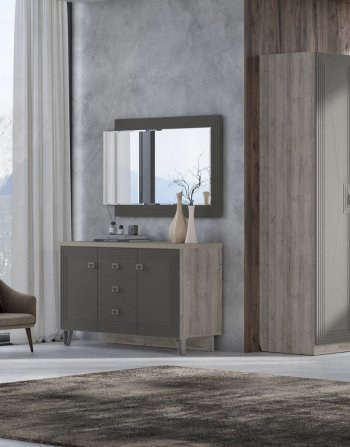 Комод 2дв, 3ящ Лежер КМ-3103 дуб серый/холст вулканический(СанТан) в Реж - rezh.mebel-e96.ru | фото