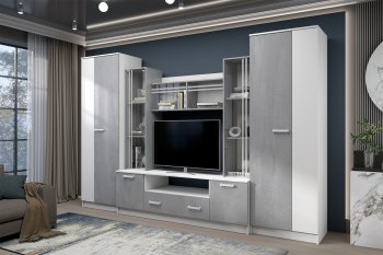 Стенка Николь-2 белый/бетонный камень(Зарон) в Реж - rezh.mebel-e96.ru